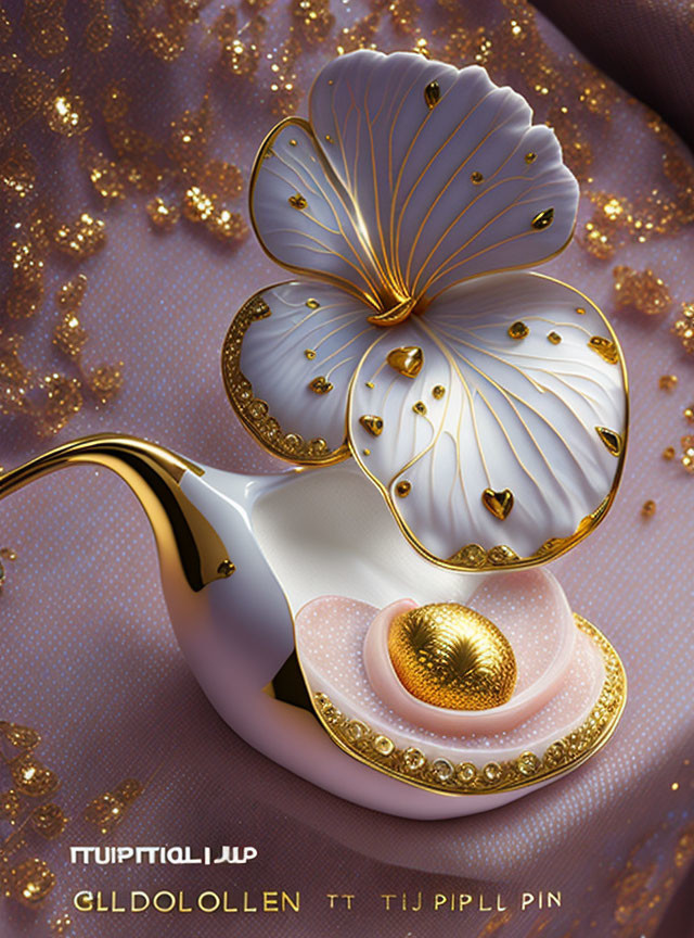 White and Gold Teapot with Butterfly Motif on Pink Background