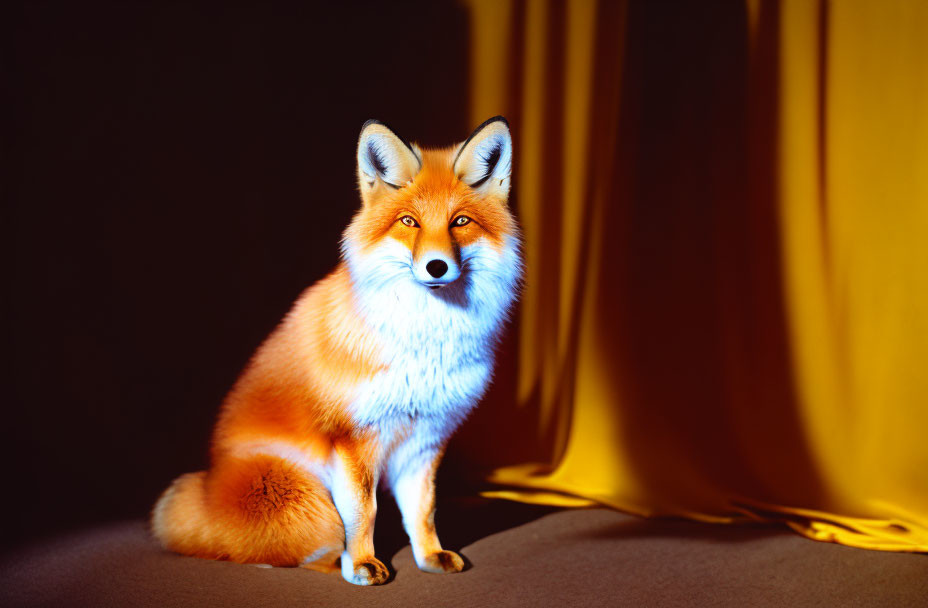 Red Fox Sitting Alert Against Dark Background with Warm Lighting and Yellow Curtain