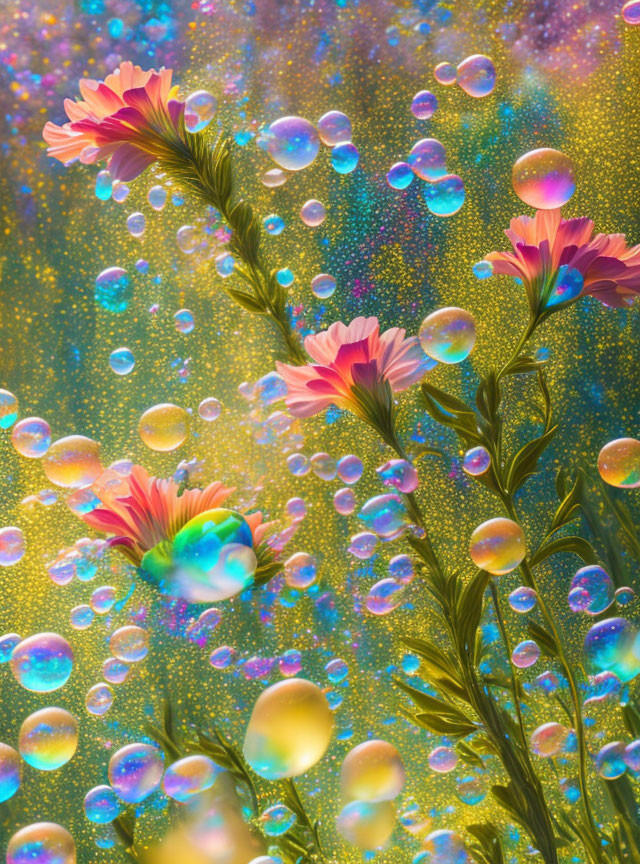 Pink flowers and iridescent bubbles on sparkling background