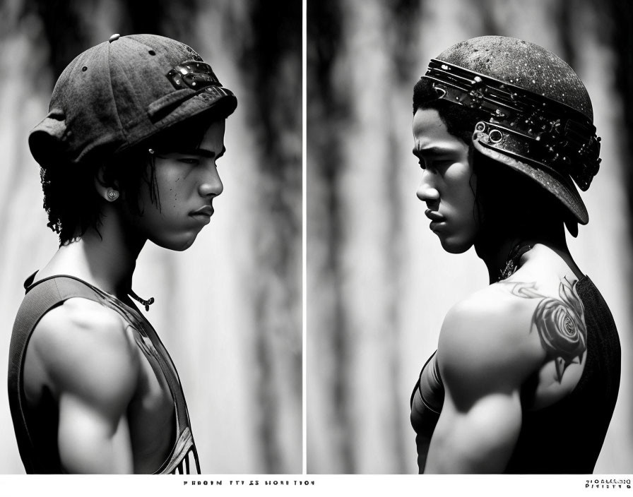 Diptych portrait: person in military helmet, left and right profile, with shoulder tattoo.