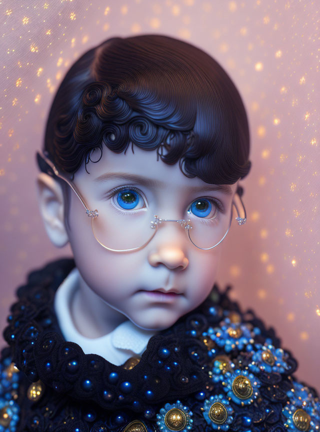 Blue-eyed doll-like figure in gold glasses and intricate attire on sparkling background