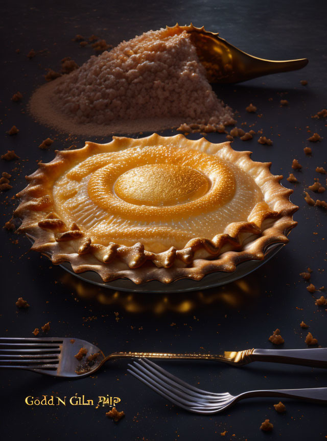 Golden pie with sun-like design, crimped crust, crumbs, gold spoon & fork.