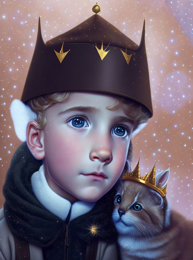 Child with Crown Holding Cat in Crown on Pink Starry Background