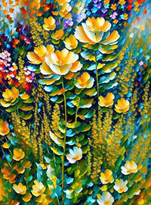 Yellow Flowers and Green Leaves Painting with Dynamic Brushstrokes