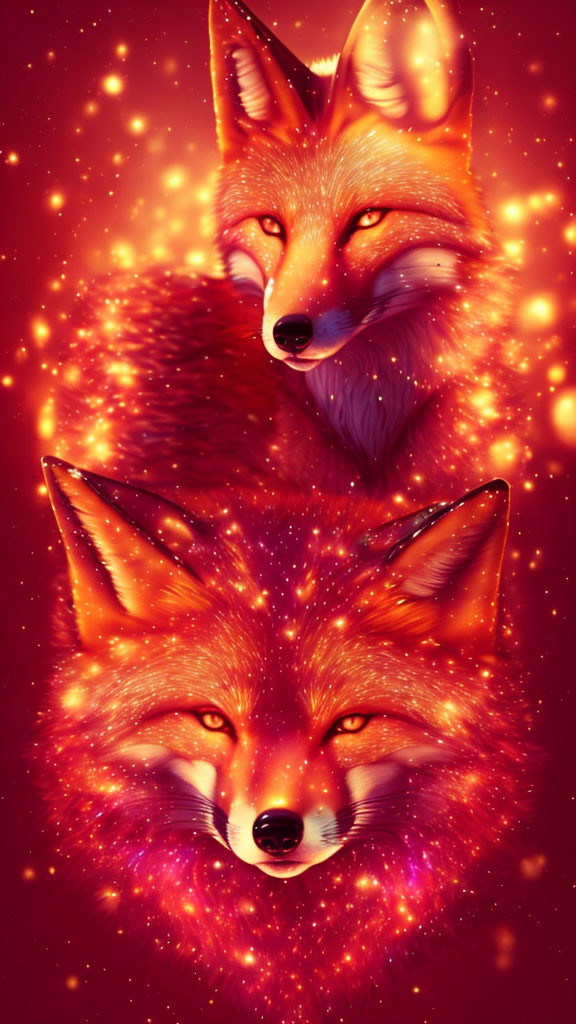 Stylized glowing fox faces on deep red background