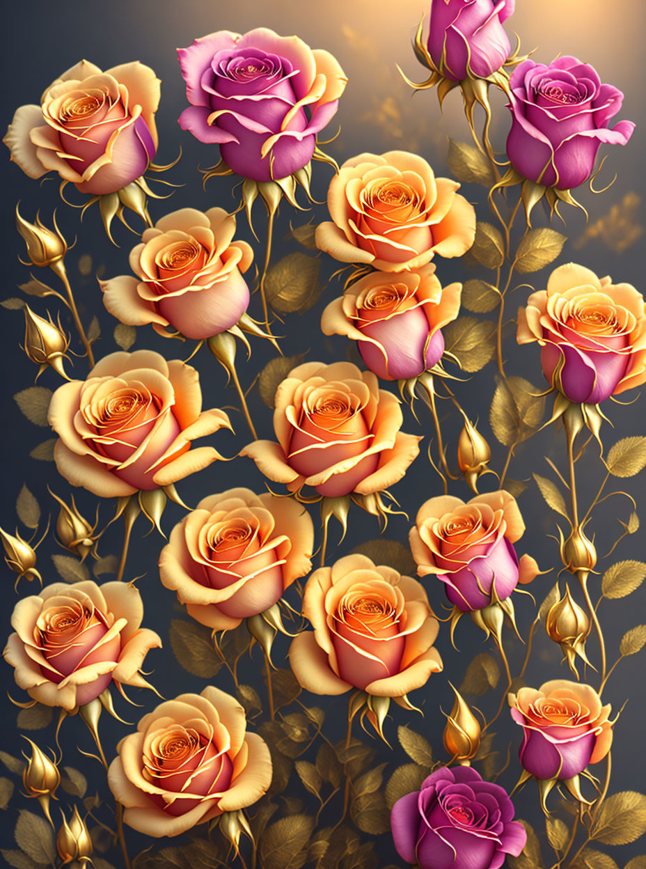 Bicolored pink and yellow roses with golden leaves on dark background