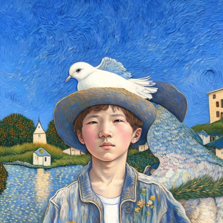 Peaceful portrait of youth with dove in countryside landscape