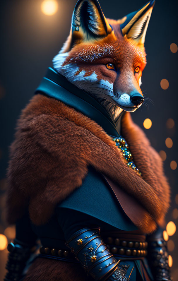 Regal anthropomorphic fox in ornate attire with jewels and enigmatic gaze