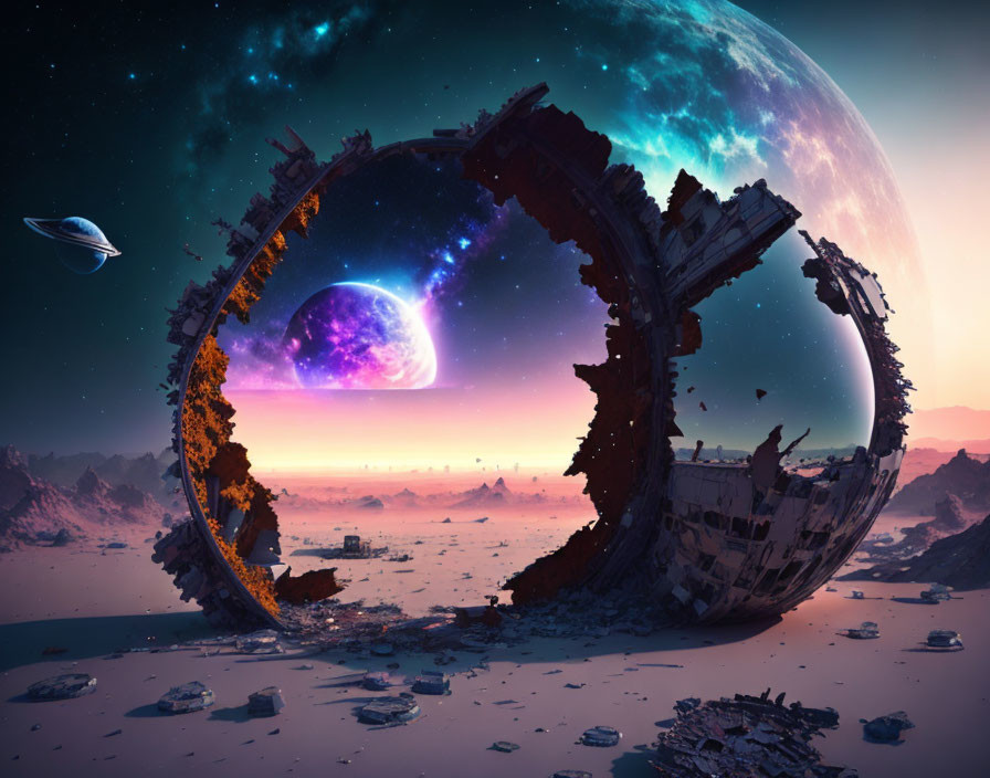 Surreal sci-fi landscape with broken ring structure, planet, spaceship, and nebula.