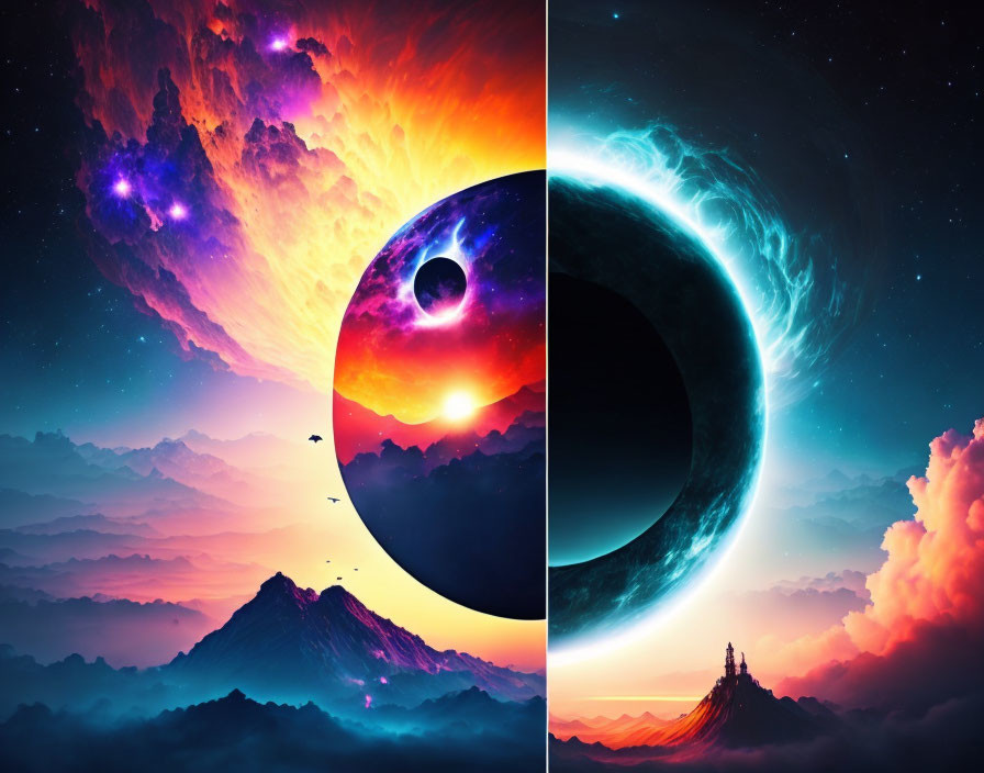 Surreal digital artwork: vibrant landscapes, planet, moon, cosmic sky