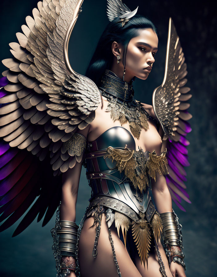 Elaborate Fantasy Armor with Metallic Bodice and Winged Shoulders