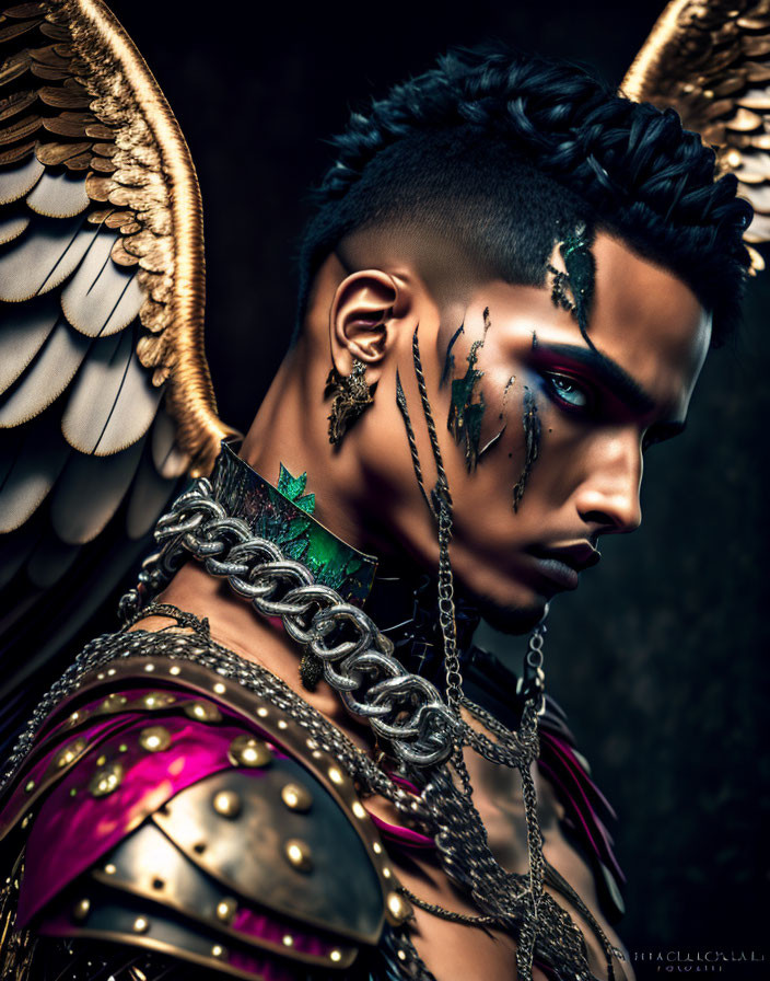 Person with Dramatic Winged Makeup and Ornate Armor