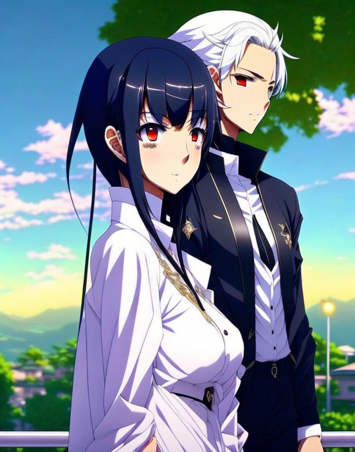 Anime characters with black and silver hair in school uniforms against nature backdrop