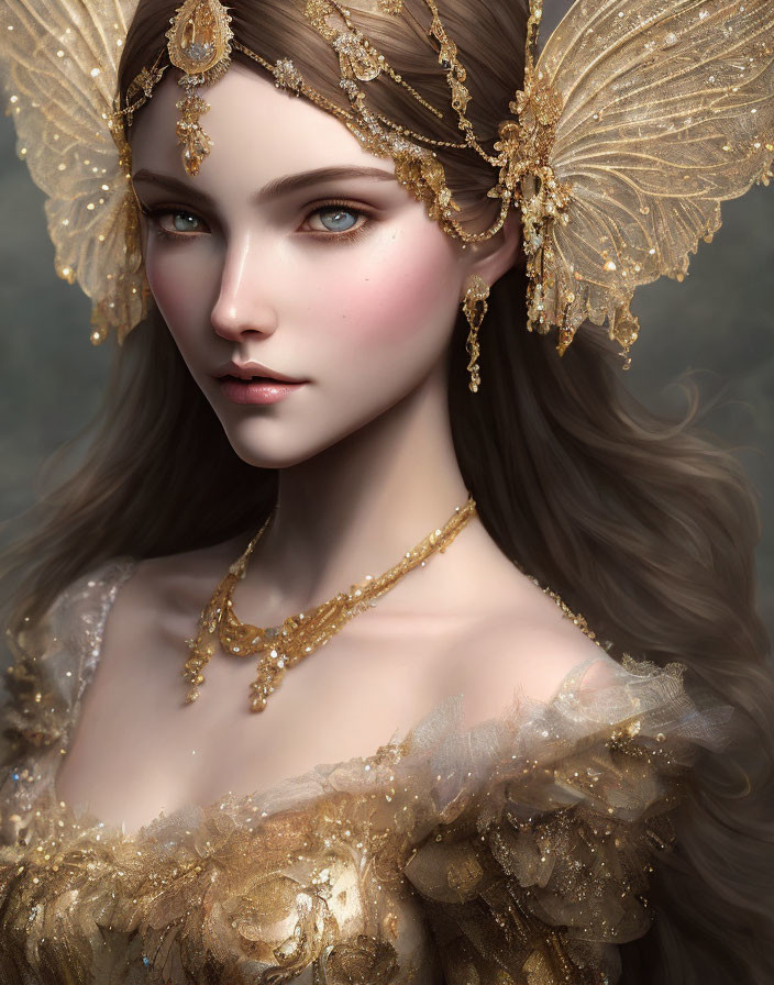 Digital Artwork: Woman with Gold Jewelry and Headpiece