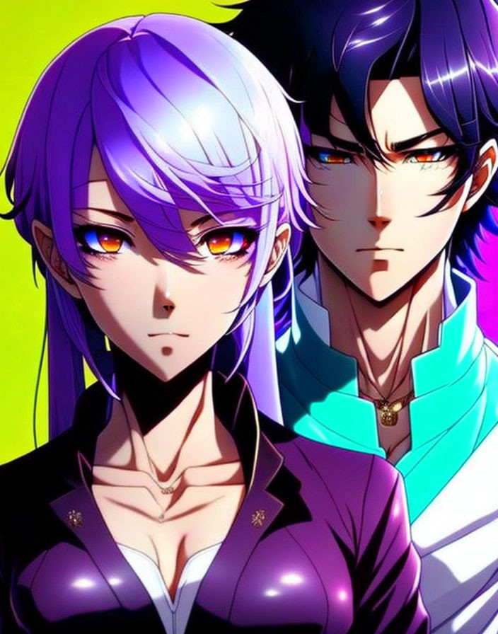 Anime characters: purple-haired female with yellow eyes and male with green eyes and dark hair on vibrant yellow