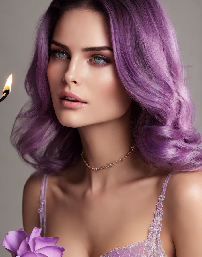 Woman with Purple Hair and Green Eyes Holding Match Near Flower