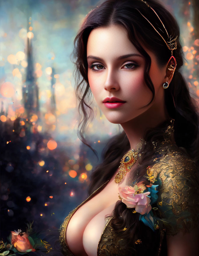 Digital portrait: Woman with dark hair, decorative headpiece, golden floral outfit, and bokeh light