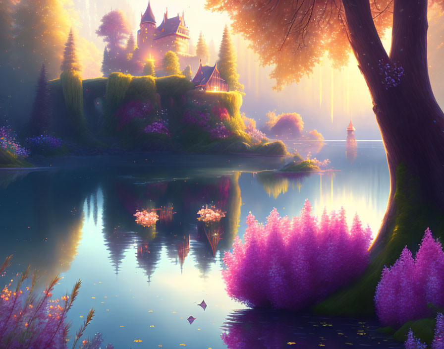 Vibrant purple forest and serene lake with golden castle in fantastical landscape