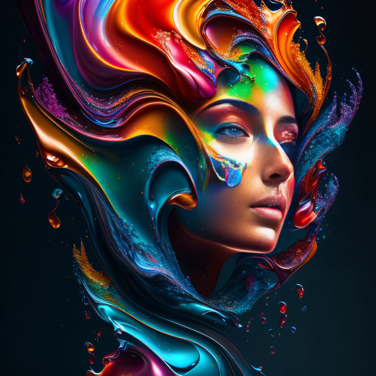 Colorful Liquid Swirls Surround Woman in Surreal Portrait