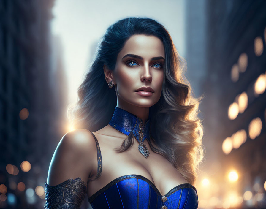 Digitally rendered portrait of woman with brown hair and blue eyes in bold blue outfit against cityscape.