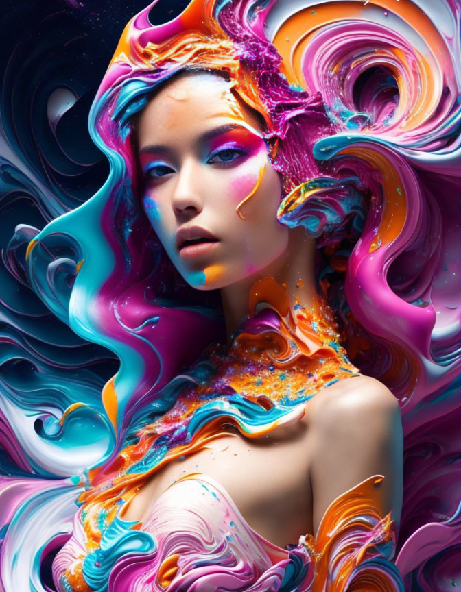 Woman immersed in vibrant, swirling colorful liquid art