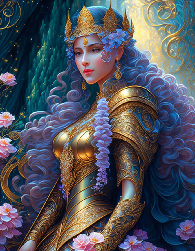 Fantasy queen illustration with blue hair and golden armor