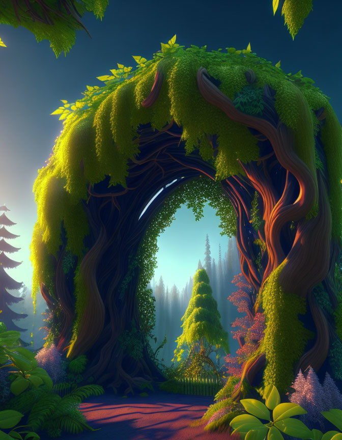 Mystical forest archway in digital art with lush greenery