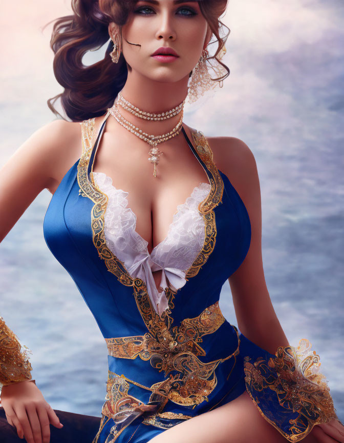 Digital artwork: Woman with blue eyes, curly hair, intricate blue and gold clothing on cloudy background