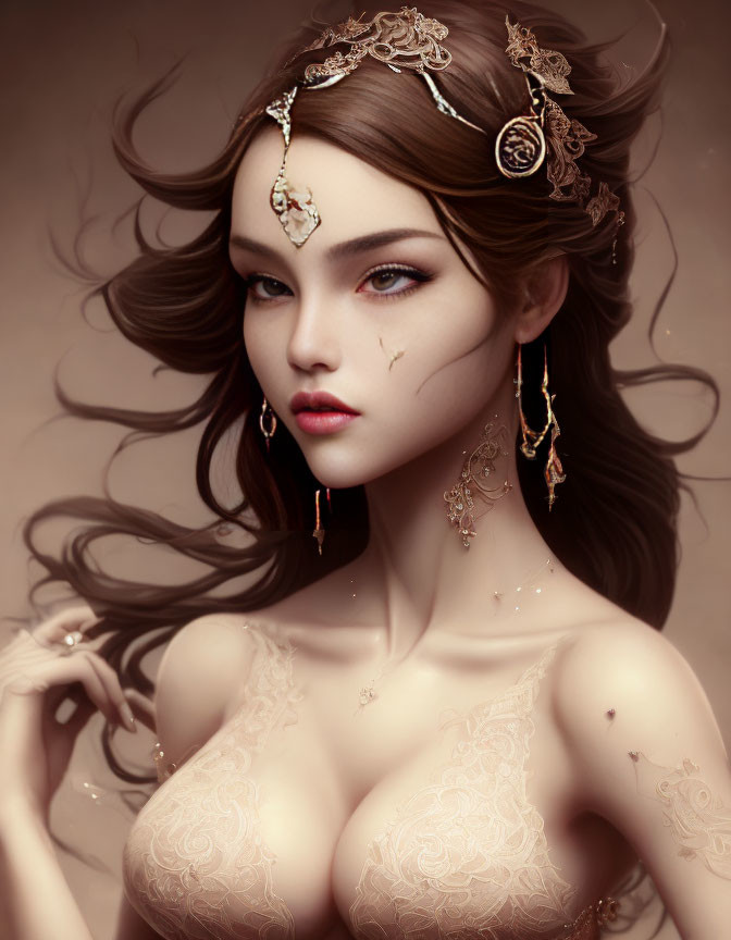 Detailed illustration of woman with flowing hair, delicate jewelry, ornate tattoos on warm background