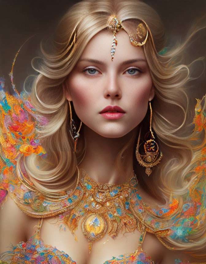 Blonde woman adorned with golden jewelry and colorful feathers