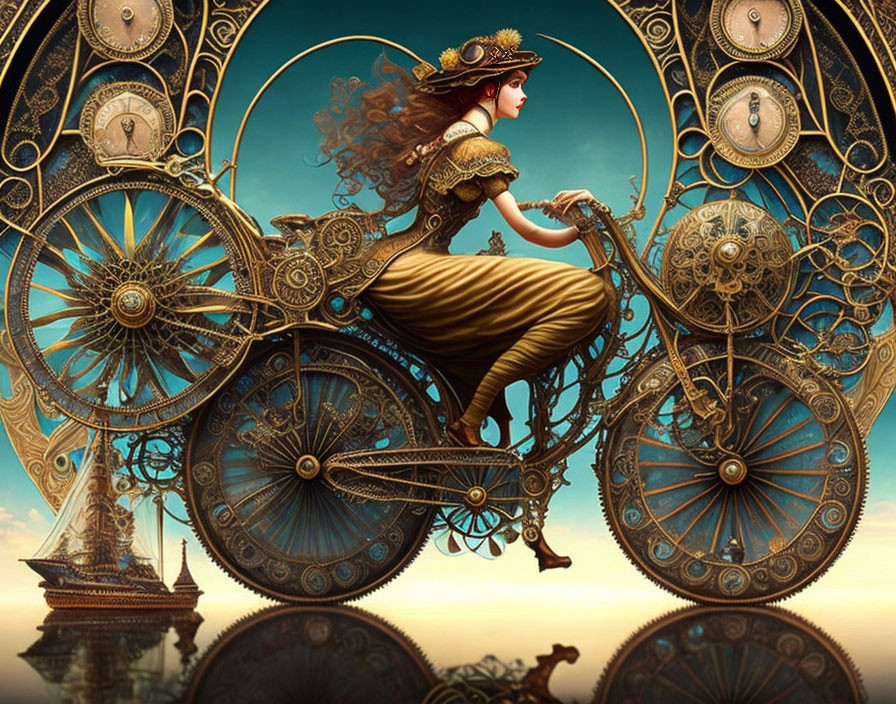 Victorian woman on steampunk bicycle under surreal sky