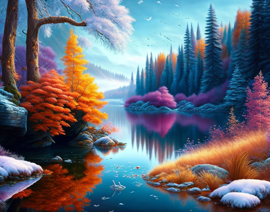 Colorful Autumn Landscape with Reflecting Trees, Snowy Ground, and Flying Birds