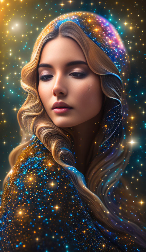 Woman with flowing hair in cosmic background portrait.