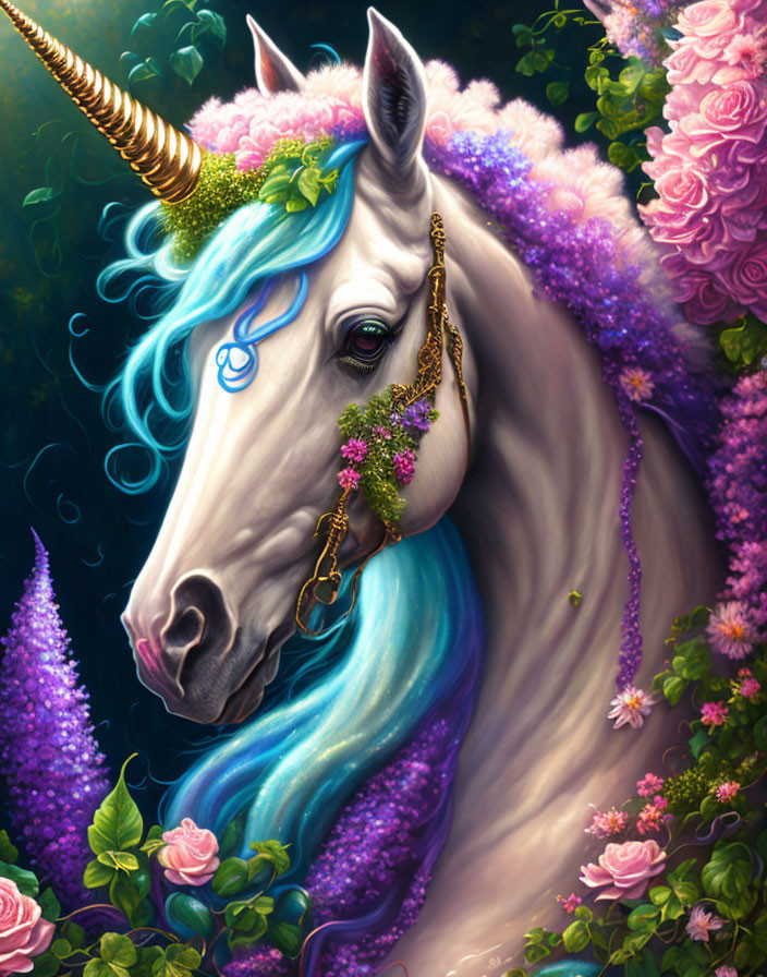 Vibrant unicorn with golden horn in a floral setting