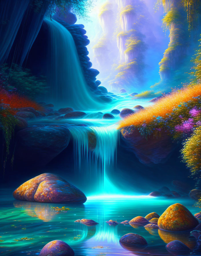 Luminous Blue Fantasy Waterfall in Lush Setting