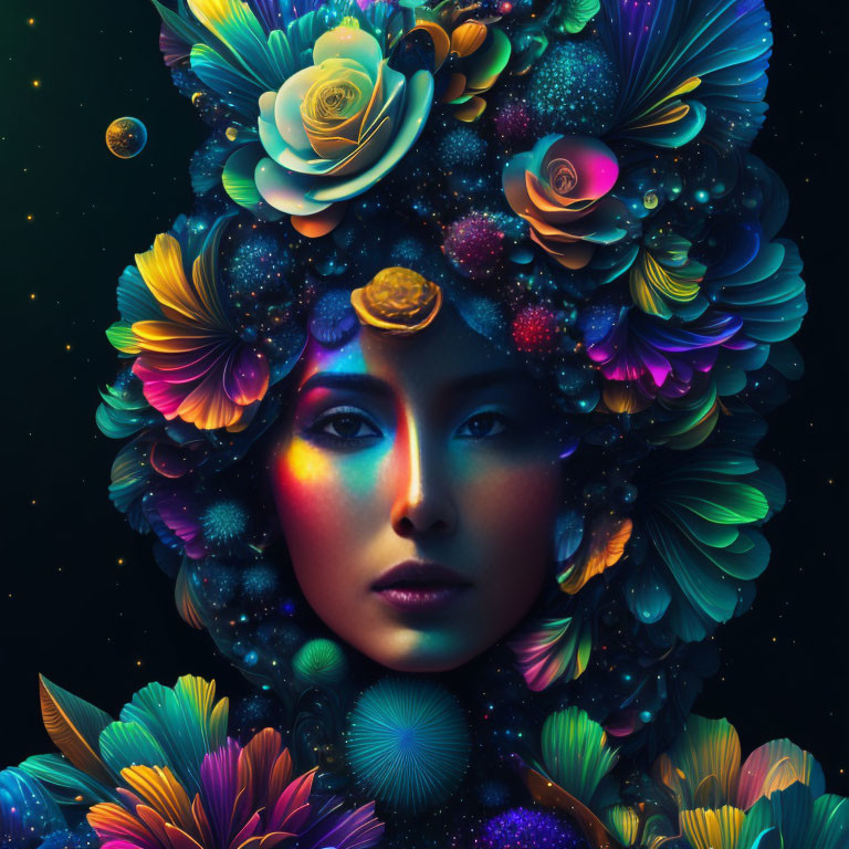 Vibrant cosmic flowers surround surreal woman in celestial setting