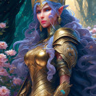 Fantasy queen illustration with blue hair and golden armor