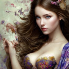 Fantasy art portrait of elegant woman with flowing hair and flowers