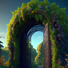 Mystical forest archway in digital art with lush greenery