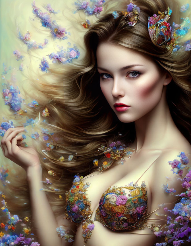 Fantasy art portrait of elegant woman with flowing hair and flowers