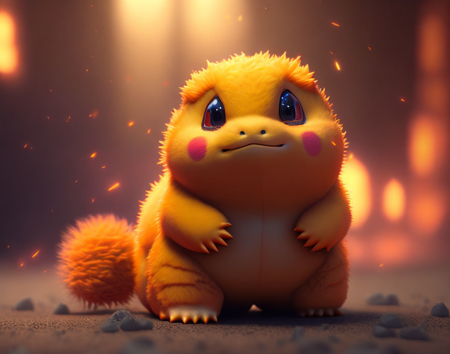 Chubby yellow creature with large eyes in warm environment