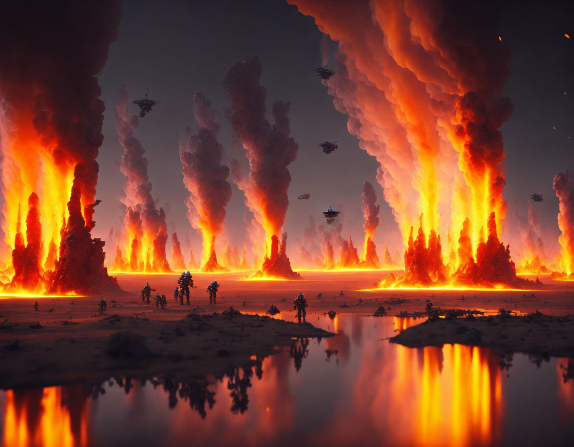 Sci-fi scene: Volcanic eruptions, lava rivers, silhouetted figures, flying