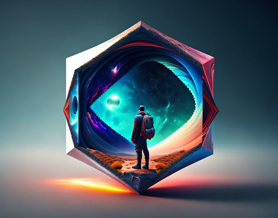 Surreal hexagonal portal with cosmic landscape and vibrant colors