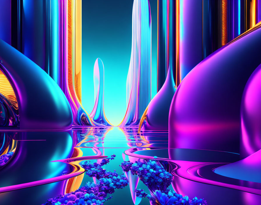 Colorful abstract digital artwork with glossy, mirror-like shapes on neon background