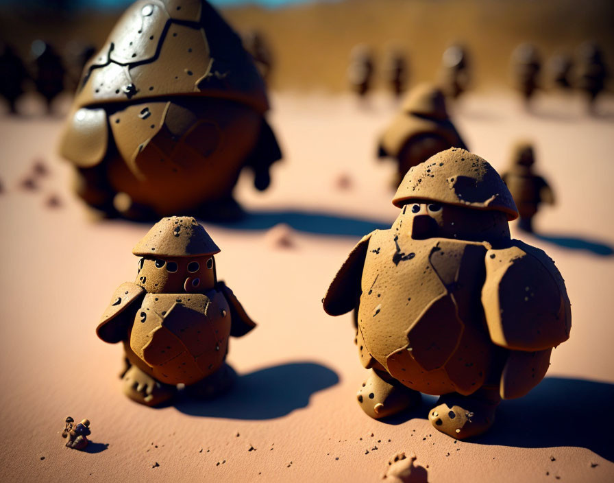 Whimsical clay knight figurines on sandy surface