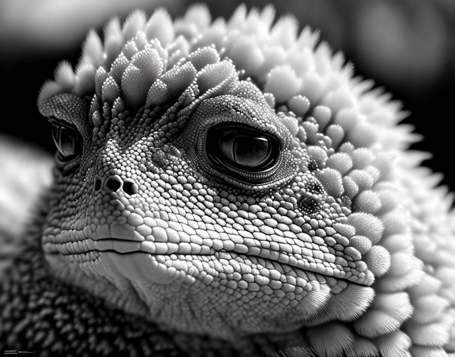 Reptile with Textured Scales and Prominent Eyes in Black and White