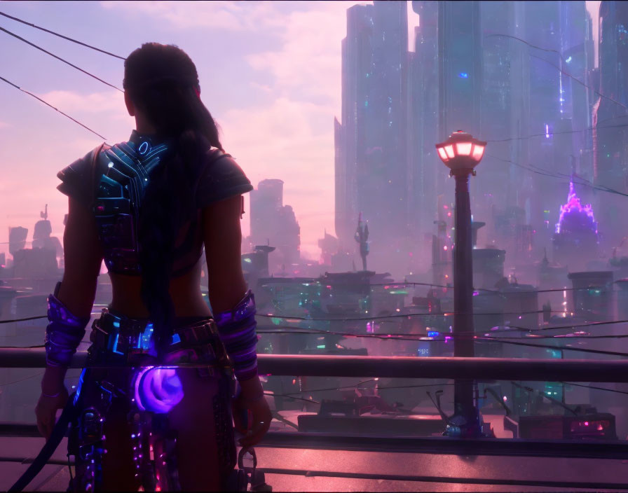 Futuristic armor-clad figure gazes over neon-lit cyberpunk cityscape