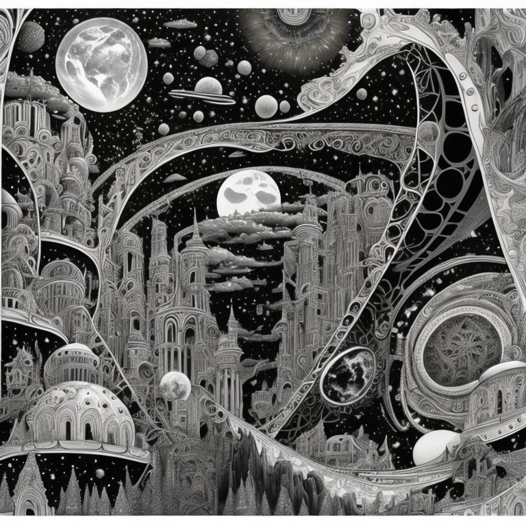 Monochromatic fantasy landscape with intricate buildings and celestial bodies