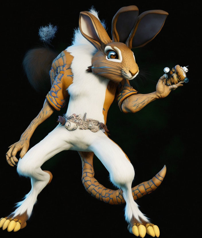 Tribal-patterned anthropomorphic rabbit with gadget on dark background