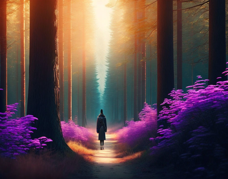 Person walking through mystical forest with tall trees and purple flowers in soft light